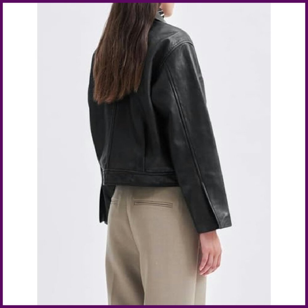 Faux Leather Motorcycle Jacket Bomber Style Cropped Zip Up - Picture 6 of 8